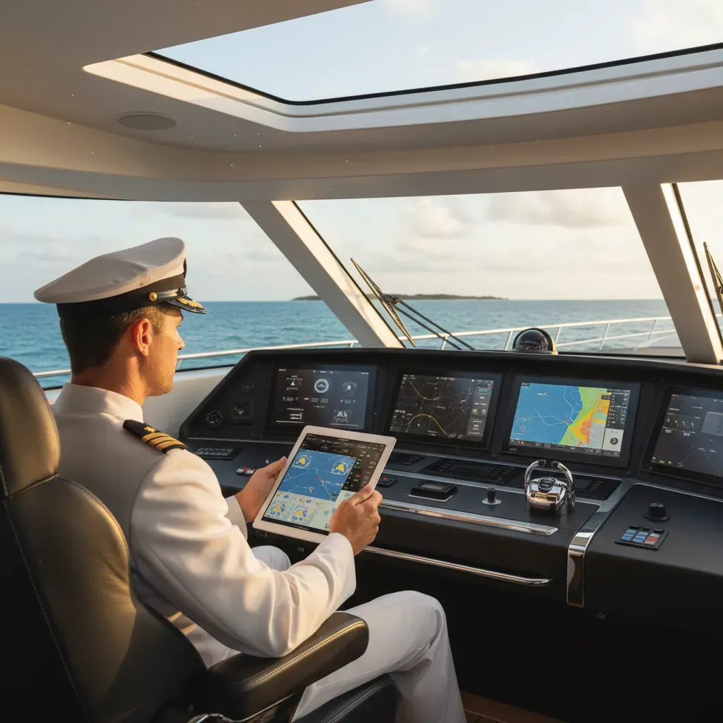 Bridge tablet displaying yacht management software