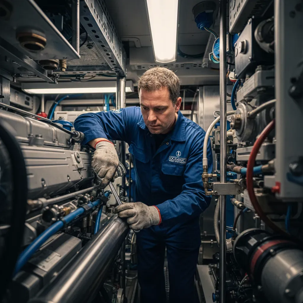 Engine room inspection on a yacht